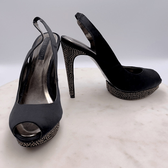 BCBG Max Azria Size 8.5 M Falcon Black Satin Rhinestones Heels Peep Toe Shoes - Picture 8 of 13